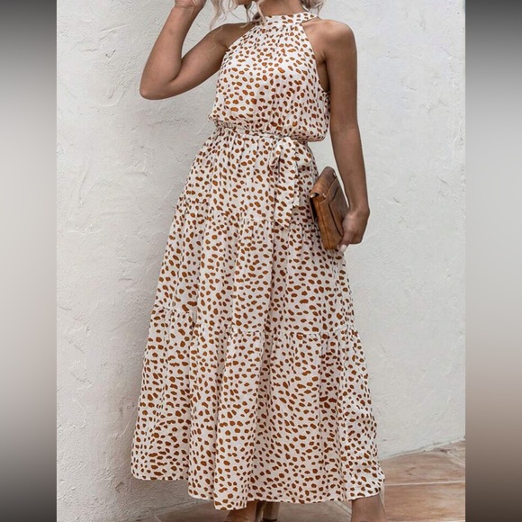 Boho cream brown dot belted halter maxi dress - Picture 1 of 13